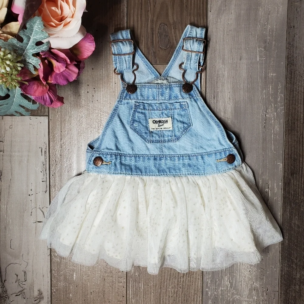 OshKosh B'gosh Denim Overall Dress with Cream and Gold Polka Dot Tutu Skirt 6m